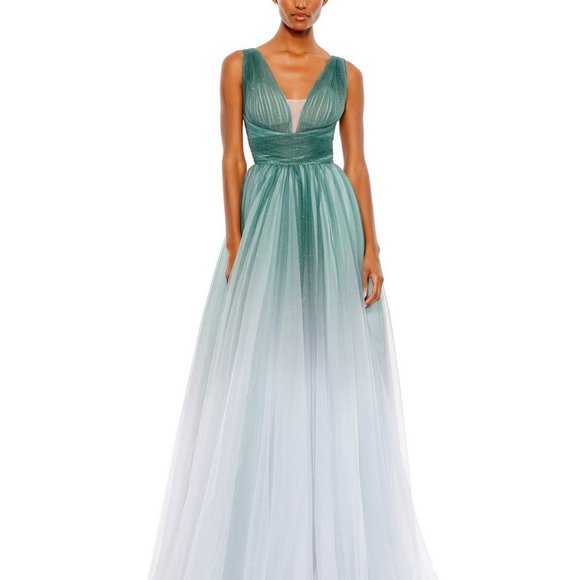 NWT MAC DUGGAL GLITTER JADE BLUE OMBREE V NECK SLEEVELESS BALL GOWN 20380 - Picture 1 of 6
